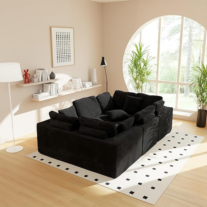 SEENYOO 135.5" Cloud Sectional Couch,Boneless Corduroy Sofa for Living Room,Oversized U Shaped Sofa with Chaise,Deep Seat,No Assembly Required,Modular Sectional Couches（Black）