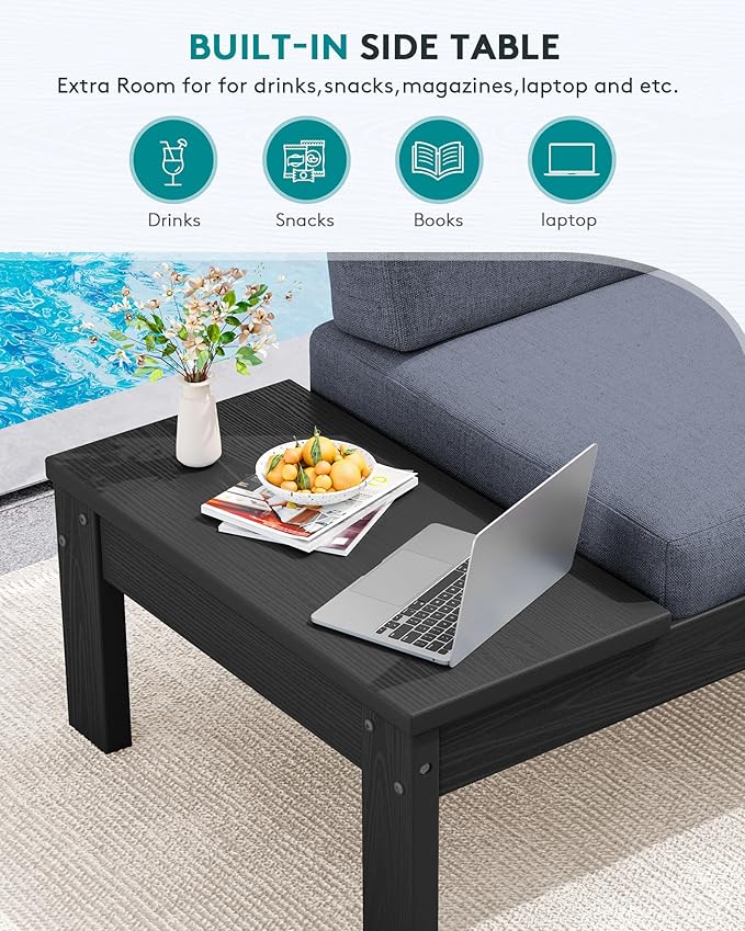 SERWALL HDPE Patio Furniture Set, 8 Seats Outdoor Sectional with Coffee Table, Outdoor Conversation Sets with Adjustable Backrest Sofa for Garden, Poolside, Black Frame with Grey Cushion