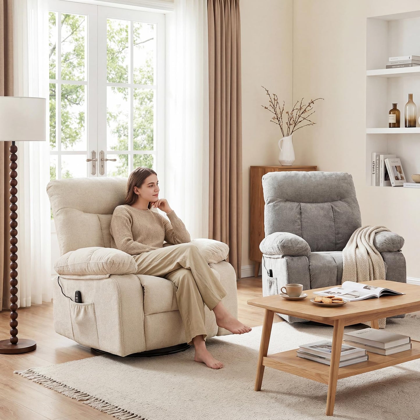 DUMOS Rocker Recliner Chair, Swivel Recliner with Vibration Massage & Lumbar Heating, 270° Rotating Chenille Fabric Recliner with footrest for Living Room & Bedroom, Beige