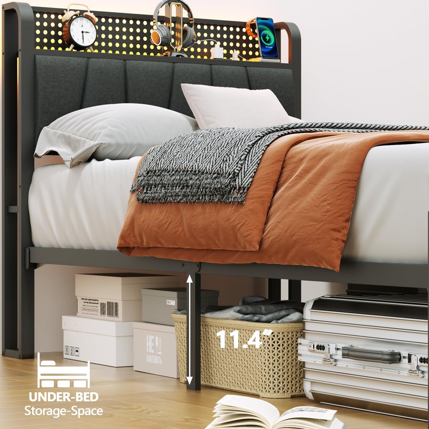 Furnulem Twin Size Bed Frame with LED Light and Charging Station, Grey Upholstered Storage Headboard with Shelf, Metal Platform Bed with Heavy Duty Slats, No Box Spring Needed, Noise Free
