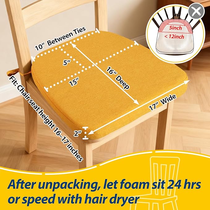AAAAAcessories D-Shaped Chair Cushions, 2" Thick Dining Chair Pads with Ties and Removable, Machine-Washable Cover, 17" x 16", Set of 2, Golden Yellow