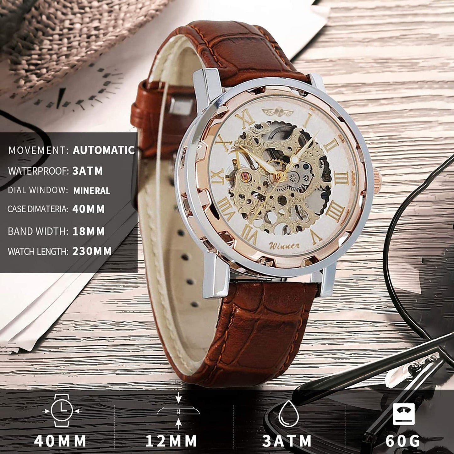 Gute Men's Watch, Mechanical Skeleton Hand-Wind Steampunk Bling Watch for Men Women, Roman Numeral PU Leather Silver Rose-Gold Case Unisex Wrist Watch