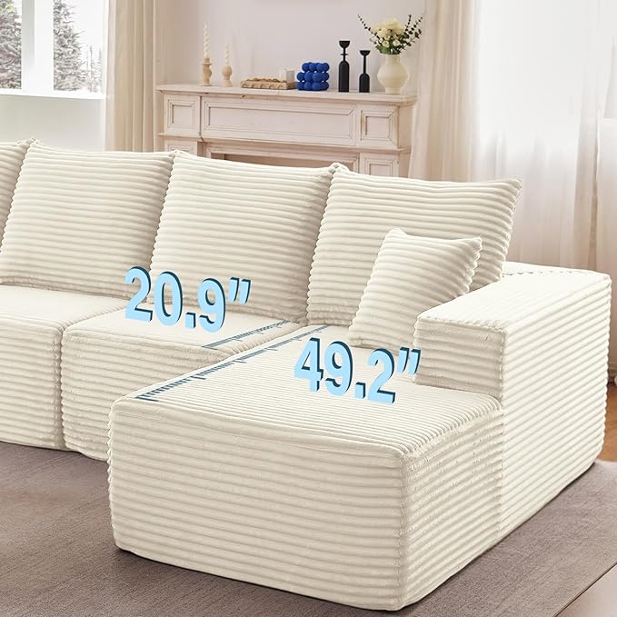 135.4" Cloud Sectional Couch with L-Shape Chaise, Modern Corduroy Boneless Couch for Living Room,Memory Foam Sofa with Deep Seat,No Assembly Required (White,Right-Facing Chaise)