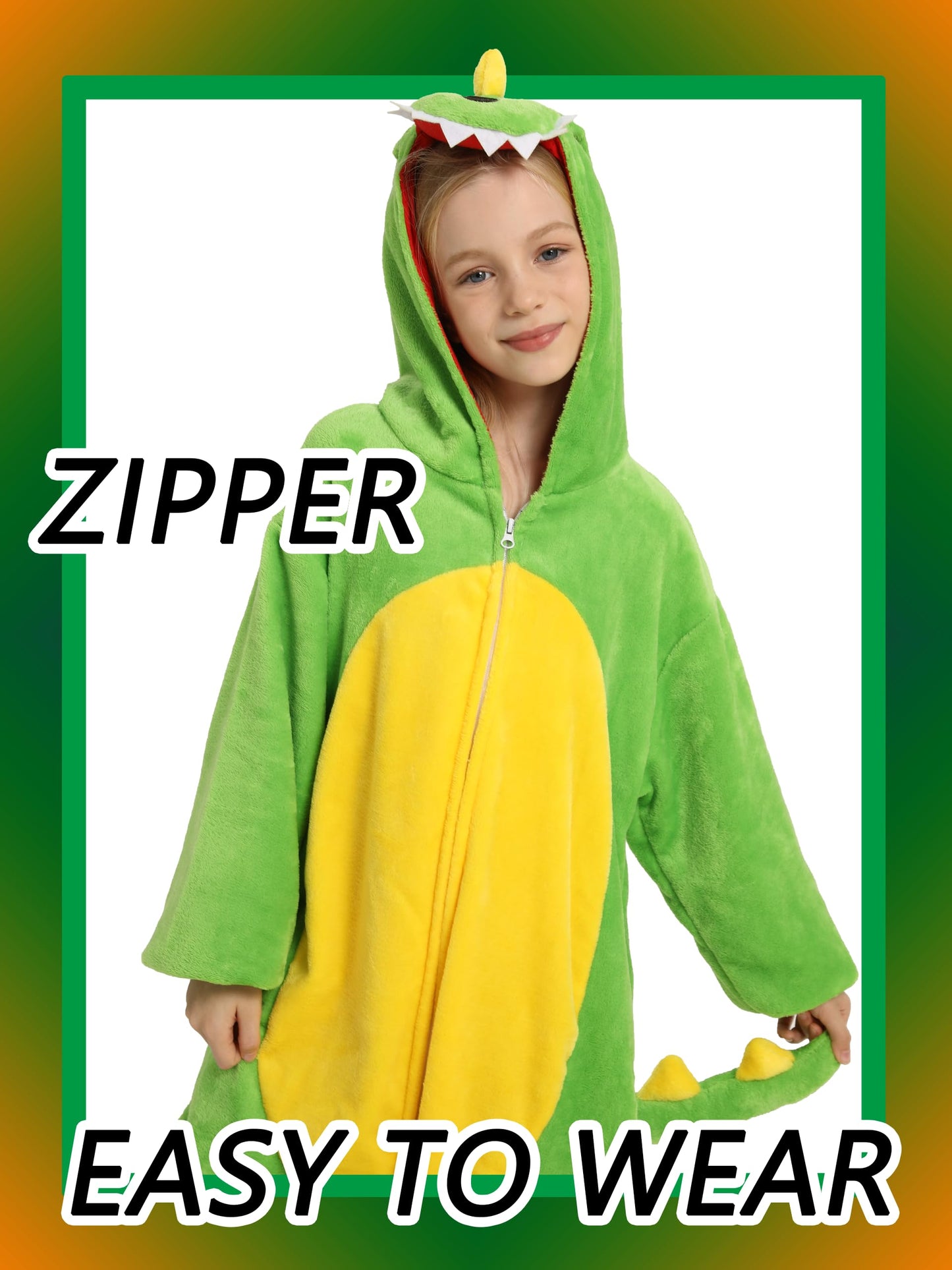 LONULAIN Unisex Kids Animal Oneise Pajamas, Boys Girls Flannel Hooded Halloween Cosplay Costume/Homewear/Sleepwear (Dinosaur,13-14 Years)