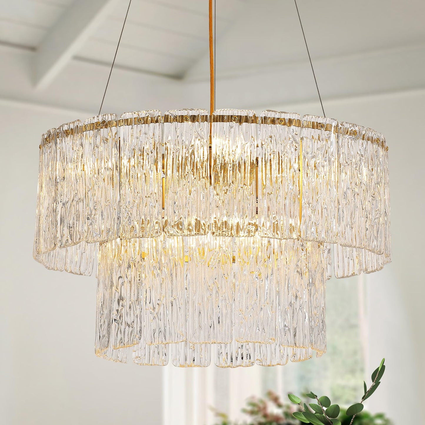 Tunkayli 20" Crystal Chandelier Modern Gold Glass Chandeliers 2-Tier Round Elegant Luxury Lighting 6-Light Drum Crystal Chandelier for Dining Room Kitchen Restaurant Foyer Bedroom Living Room