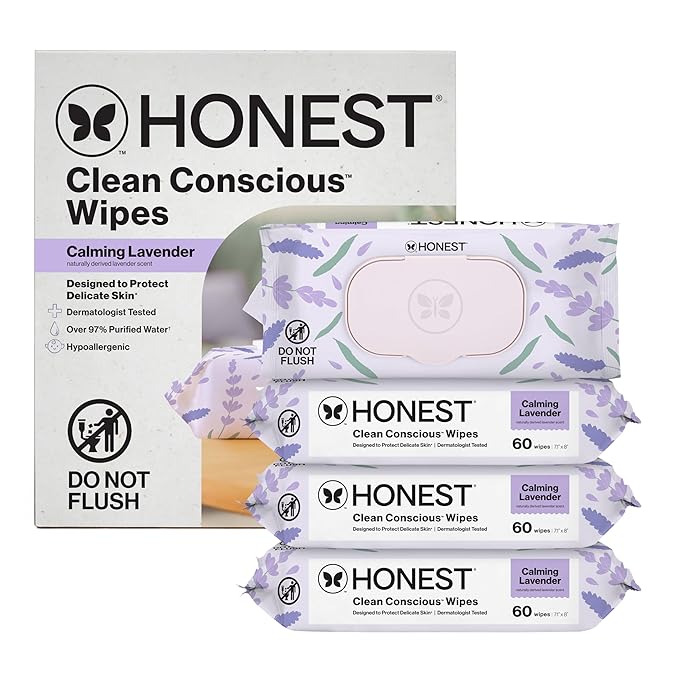 The Honest Company Calm and Cleanse Naturally Scented Wipes Cleansing Multi-Tasking 99% Water Plant Based Hypoallergenic Lavender 240 Count