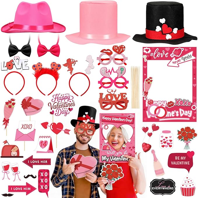 Suncalla 34 Pcs Valentine's Day Photo Booth Props Kit Red Pink Celebrate Valentine Day Photo Props Funny Hat Glasses Headb...