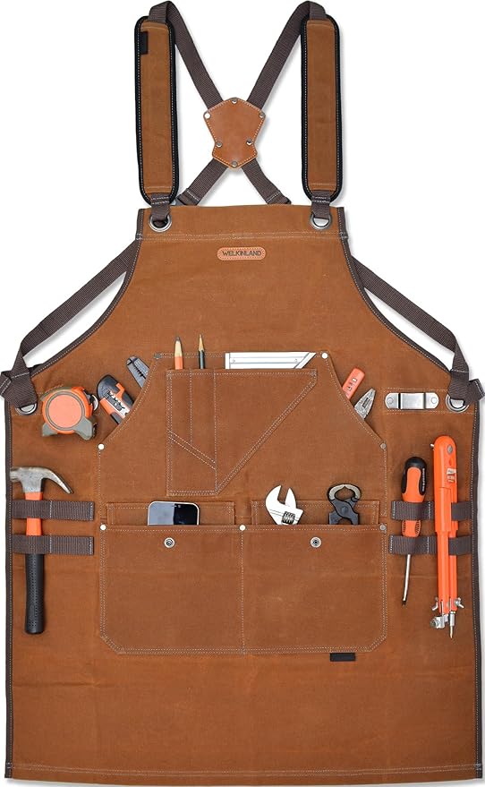 WELKINLAND 16-Pockets Waxed-Canvas Tool Apron, Heavy-Duty Woodwork Aprons, Fully-Adjustable Carpenter Apron, 34" x 27" Blacksmith Woodworking Apron