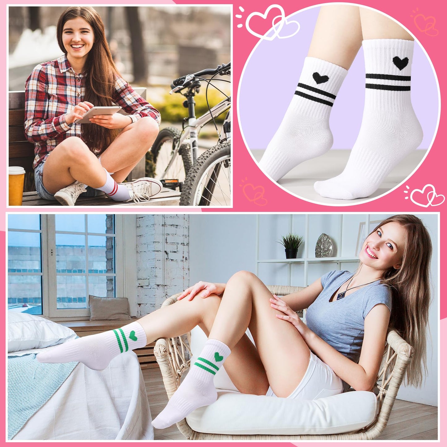 Jspupifip Heart Socks 6 Pairs Crew Athletic Cotton Women Striped Socks with Retro Stripes Hearts M