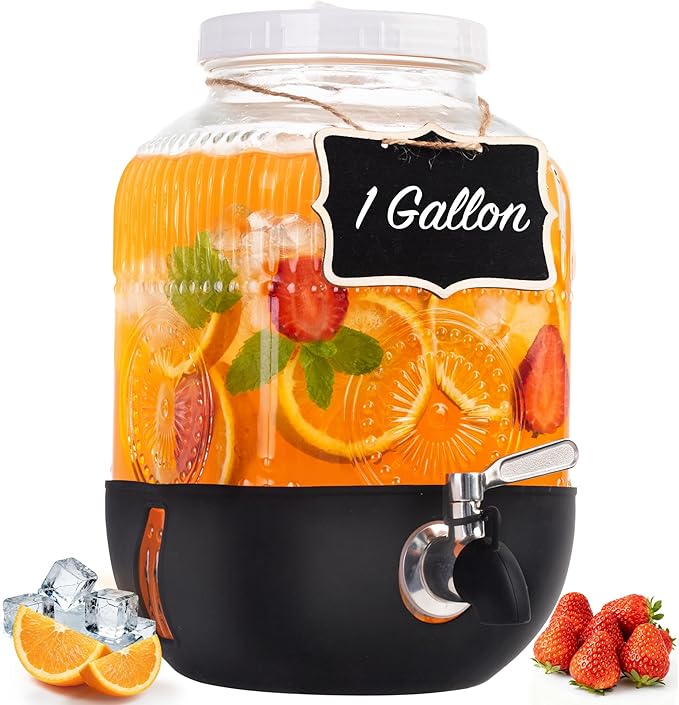 Bandesun 1 Gallon Glass Drink Dispensers For Parties, Leakproof/Crack-resistant Beverage Dispenser with Silicone Protectiv...