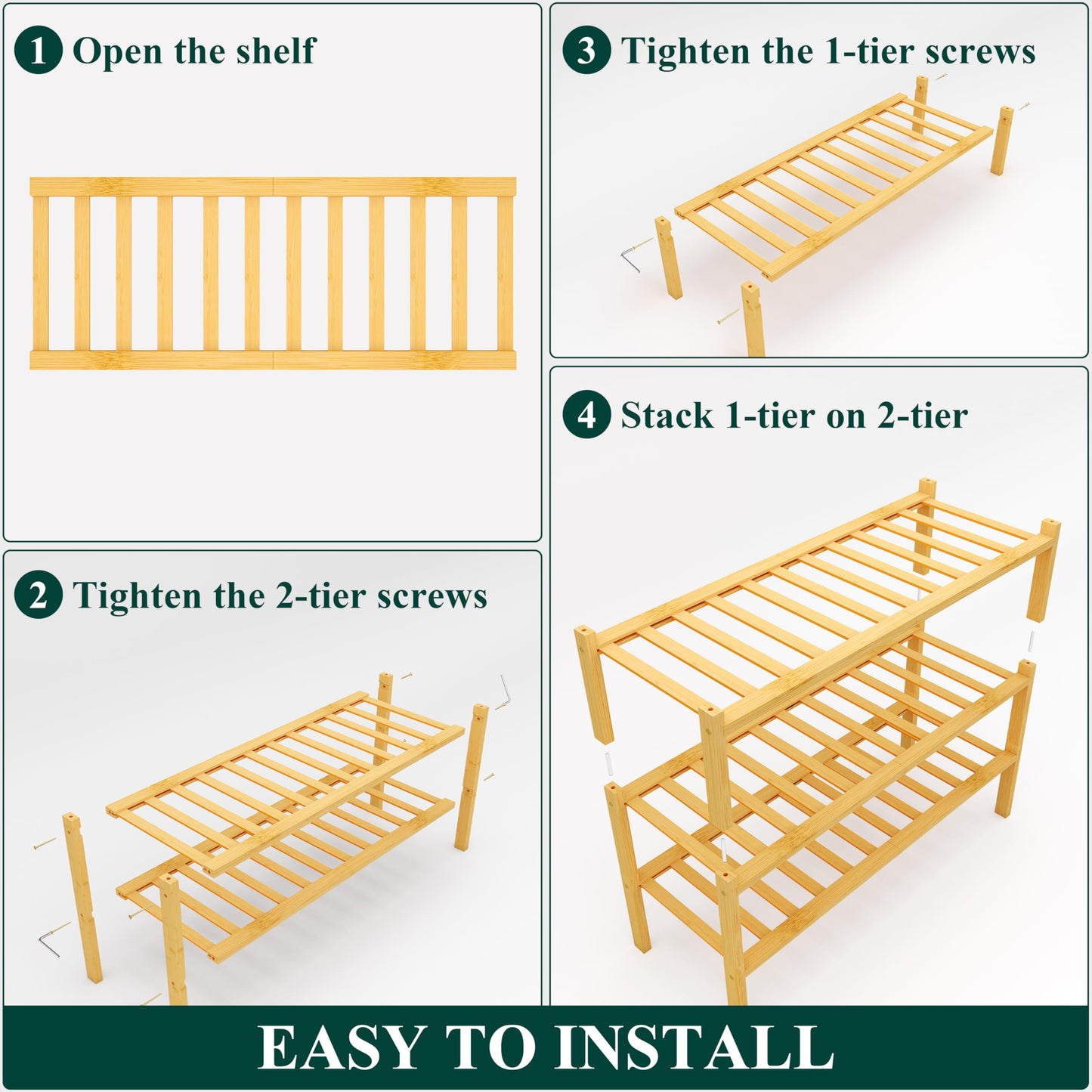 Smiry Shoe Rack, 3 Tier Bamboo Shoe Organizer, Stackable Free Standing Wooden Shoe Storage Shelf for Closet, Entryway, Front Door Entrance, Natural