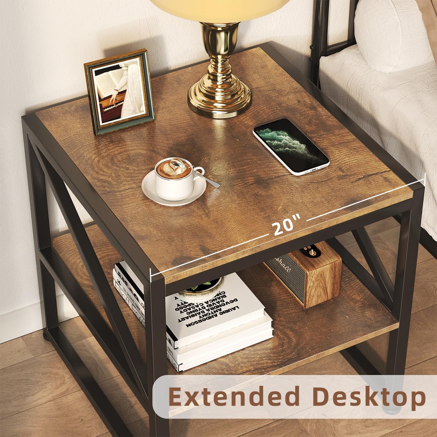 MUTUN 50cm Square End Table, 20 Inch Side Table for Living Room, Bedside Table for Bedroom, Nightstand, Small Table, Rustic Brown
