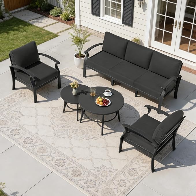 RTDTD Aluminum Outdoor Patio Furniture Set,5 Seats Patio Conversation Sets with 2 Round Coffee Tables,Metal Patio Sectional Furniture Set with 5.1" Thickened Cushions,Black