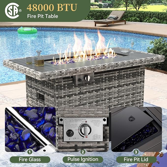 Aoxun 8 Piece Patio Furniture Set with 40'' Fire Pit Table Wicker Rattan Patio Conversation Set Outdoor Sectional Sofa Set with Coffee Table, Grey/Blue(Waterproof Cover Included)