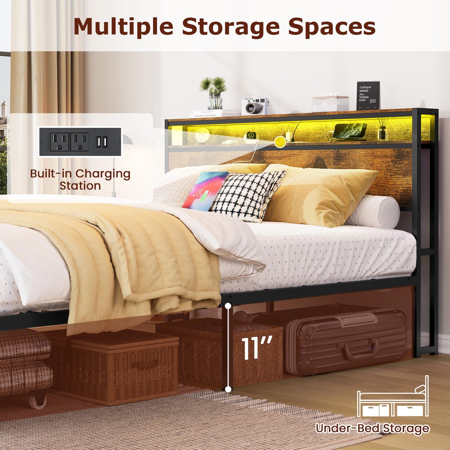 FAVOOSTY Queen Bed Frame with 2-Tier Headboard, Metal Platform Bed Frame with 2 Storage Drawers, LED Lights and Charging Station, Noise Free, No Box Spring Needed, Easy Assembly, Black Brown