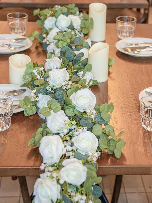 6FT Artificial Eucalyptus Garland with Flowers, 10 White Roses Baby Breath Garland Floral Greenery for Wedding Party Cente...