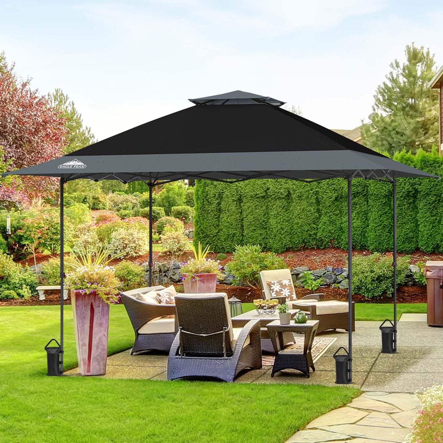 EAGLE PEAK 13x13 Straight Leg Pop Up Canopy Tent Instant Outdoor Canopy Easy Single Person Set up Folding Shelter w/Auto Extending Eaves 169 Square Feet of Shade (Black/Gray)