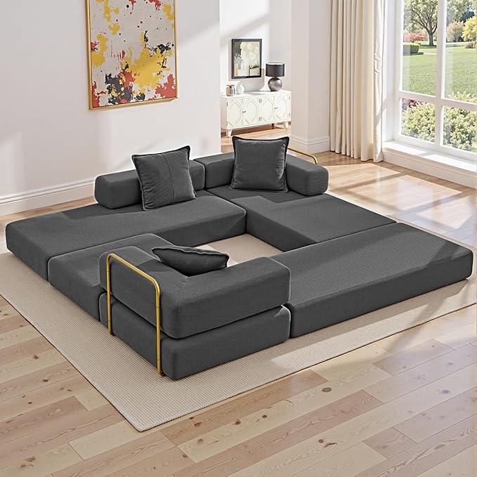 108" Oversized Convertible Sleeper Sofa Bed, Corduroy L Shape Sectional Couch, Folding Sofa Bed with Fixed-Shape Frame, Modern Cloud Floor Mattress Couch, Modular Sofa for Living Room, Grey