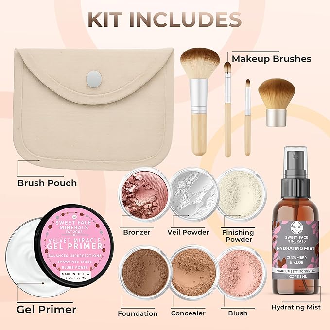 FLAWLESS COMPLEXION KIT (COCOA) Full Size Mineral Makeup Set Matte Foundation Bare Face Sheer Powder Cover