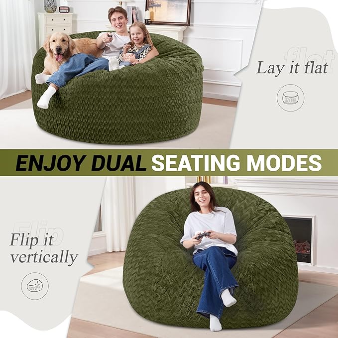 5FT Bean Bag Chair,Giant Bean Bag Chairs for Adults,Big Bean Bags with Memory Foam Filled, Large Beanbag Chairs with Chevron Plush Cover-Green
