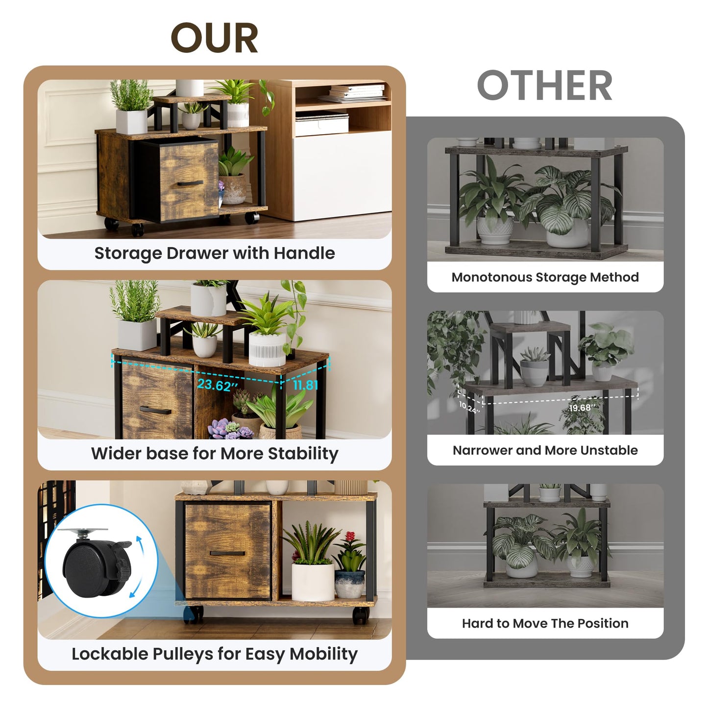 Plant Stand Indoor with Grow Light, 9 Tiered Plant Shelf with Wheels, 65" Tall Plant Stand for Indoor Plants Multiple with Drawer, Flower Holder for Living Room Patio, Balcony (Black+Brown, 1 Pack)