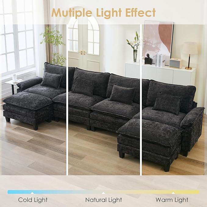 URRED Cloud Couch Modular Sectional Sofa, 157" Modern U Shaped Deep Seat Sofa with 2 Ottomans & Pillows, Ultra Comfy Chenille Couches for Living Room, Bedroom or Apartment, Black