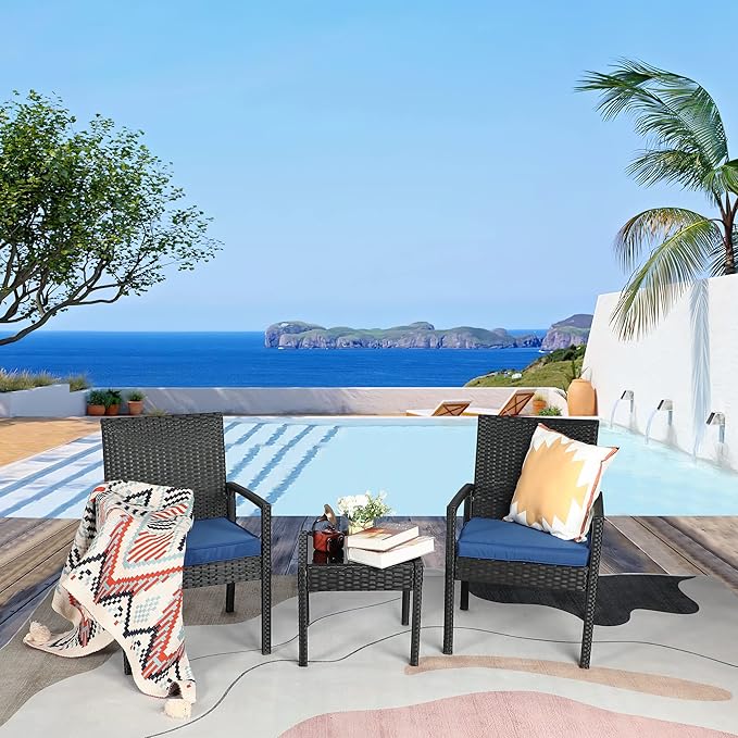 PAOLFOX 3 Piece Outdoor Patio Furniture Sets, Rattan Conversation Set with Soft Cushion, Wicker Chairs with Coffee Table for Yard Backyard Lawn Porch Poolside Balcony, Blue