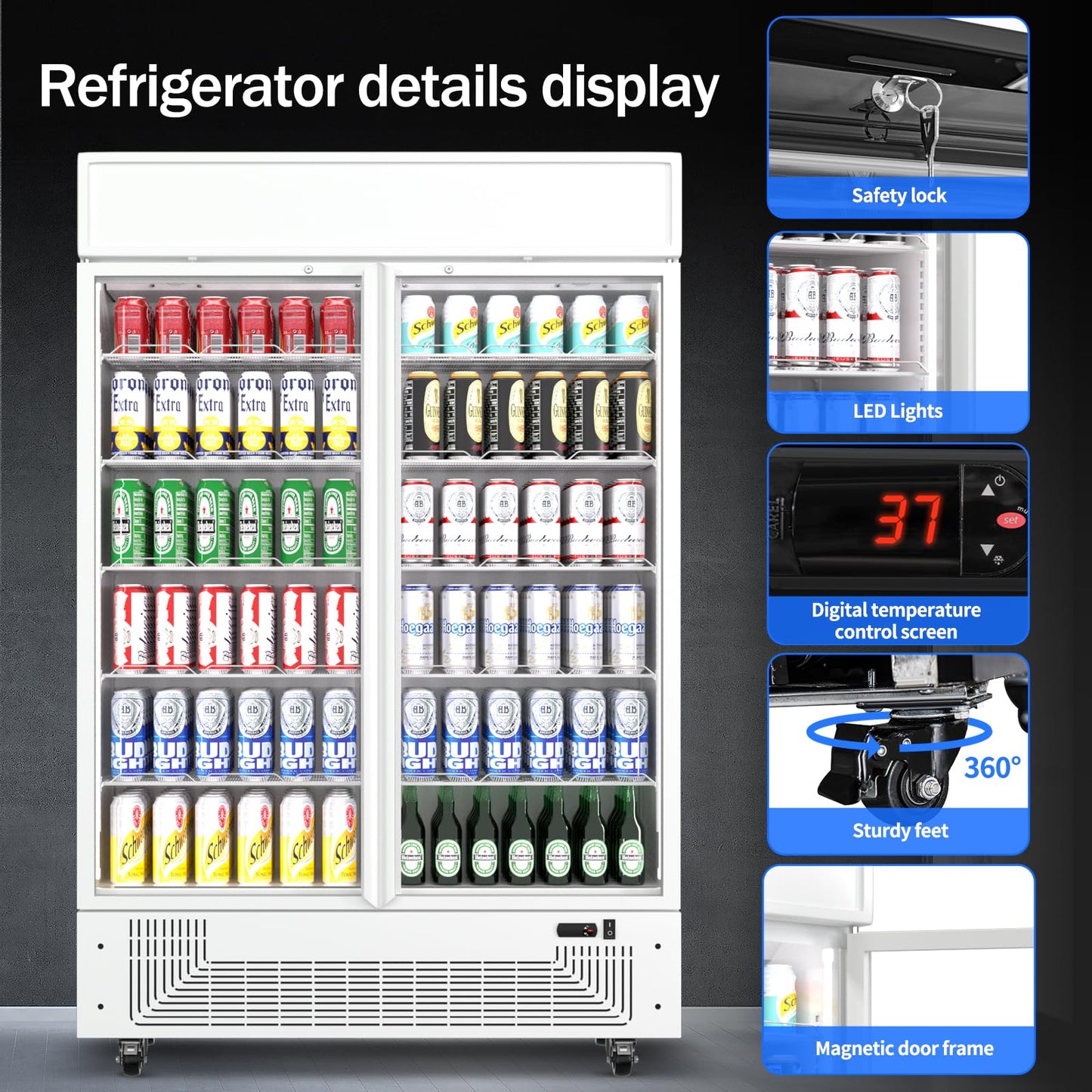 BINGERMA Commercial Merchandiser Display Refrigerator 40 Cu.ft. with 2 Glass Doors ETL Drink Cooler Beverage Fridge for Bars,Restaurants, Convenience Stores, Supermarkets and Offices White