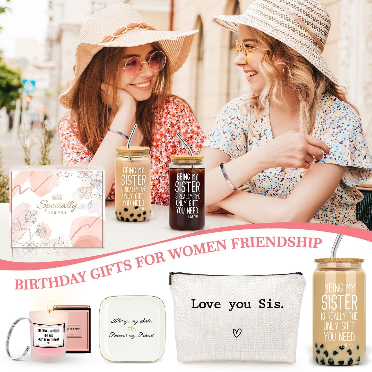 Sister Gifts from Sisters Birthday Gifts for Sisters Adult Best Sister Ever Gift Ideas for Women Cool Presents Set with Funny Glass Cup, Unique Makeup Bag, Scented Candle, Bracelet, Jewelry Tray