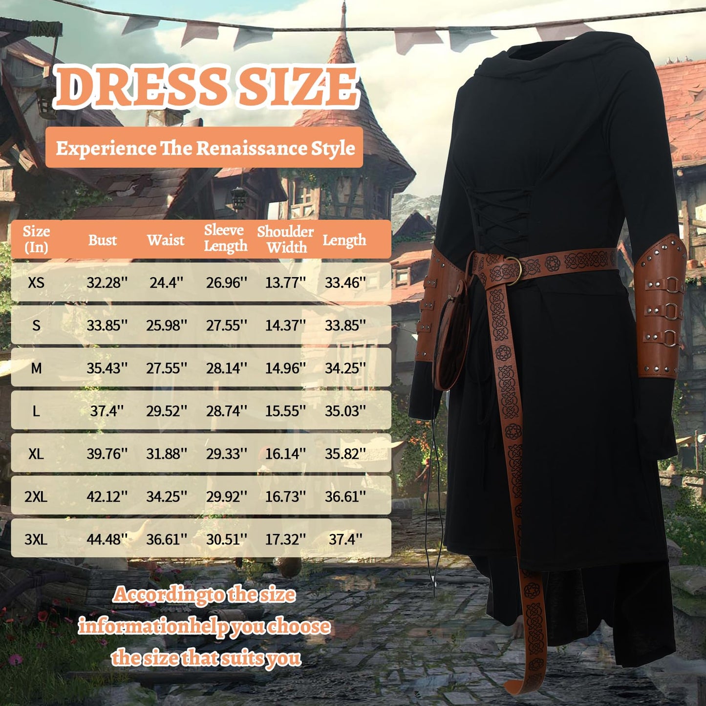 FSUJWOA 5 Pcs Renaissance Women Costume Medieval Hooded skirt Vintage Arm Guard Printed Belt and Waist bag (Black, Large)