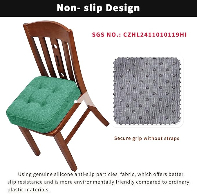 GOFORIT Memory Foam Cushion，Square Seat Cushions for Dining Chairs,Non-Slip Chair Pads with Removable Cover, 16'' x 16'',4 Pack, Green