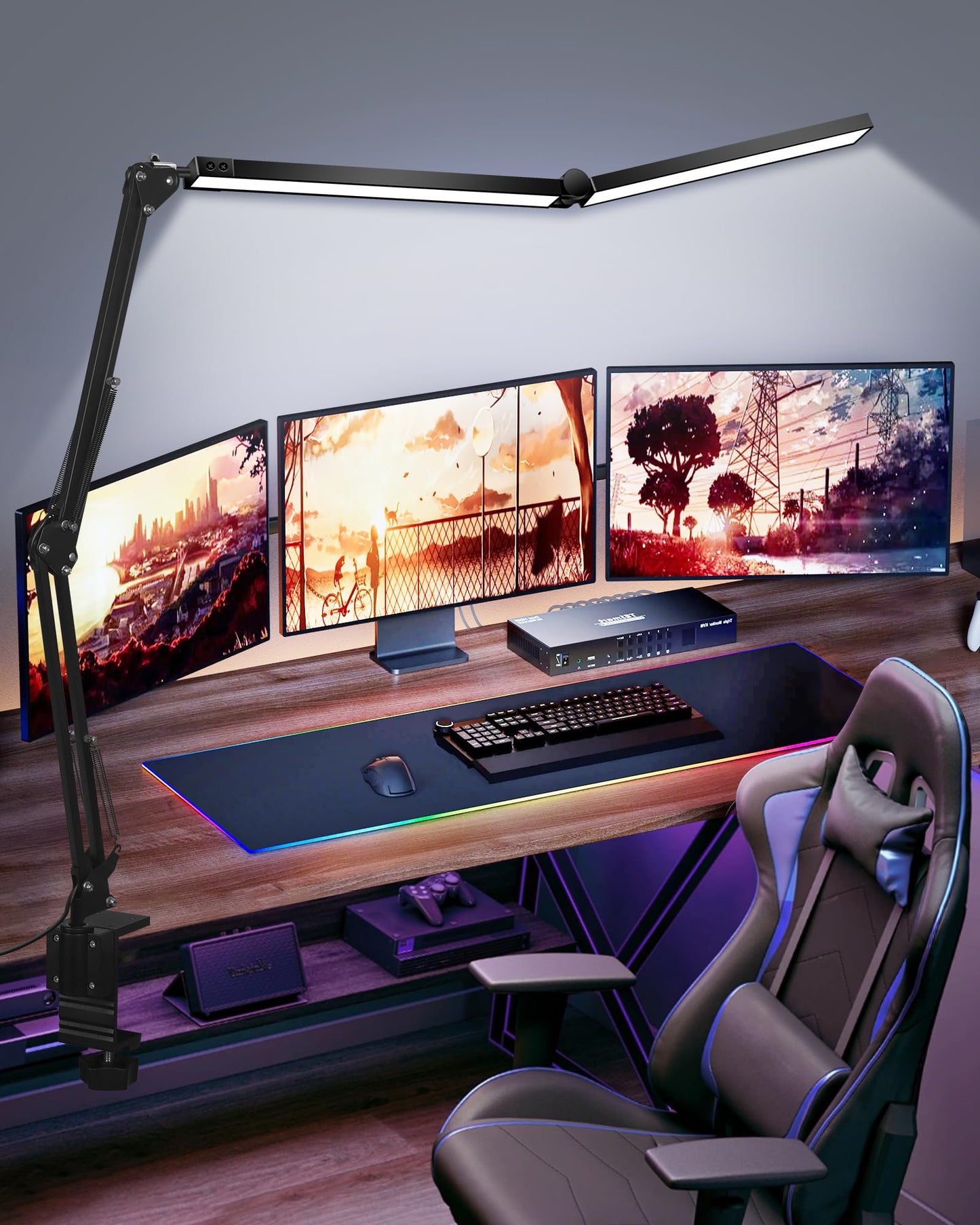 LED Desk Lamp with Clamp, Double Head with Remote Control, 55" Adjustable Swing Arm Architect Desk Lamp, Memory Function for Home Office, Workbench, Reading, Craft, Drafting