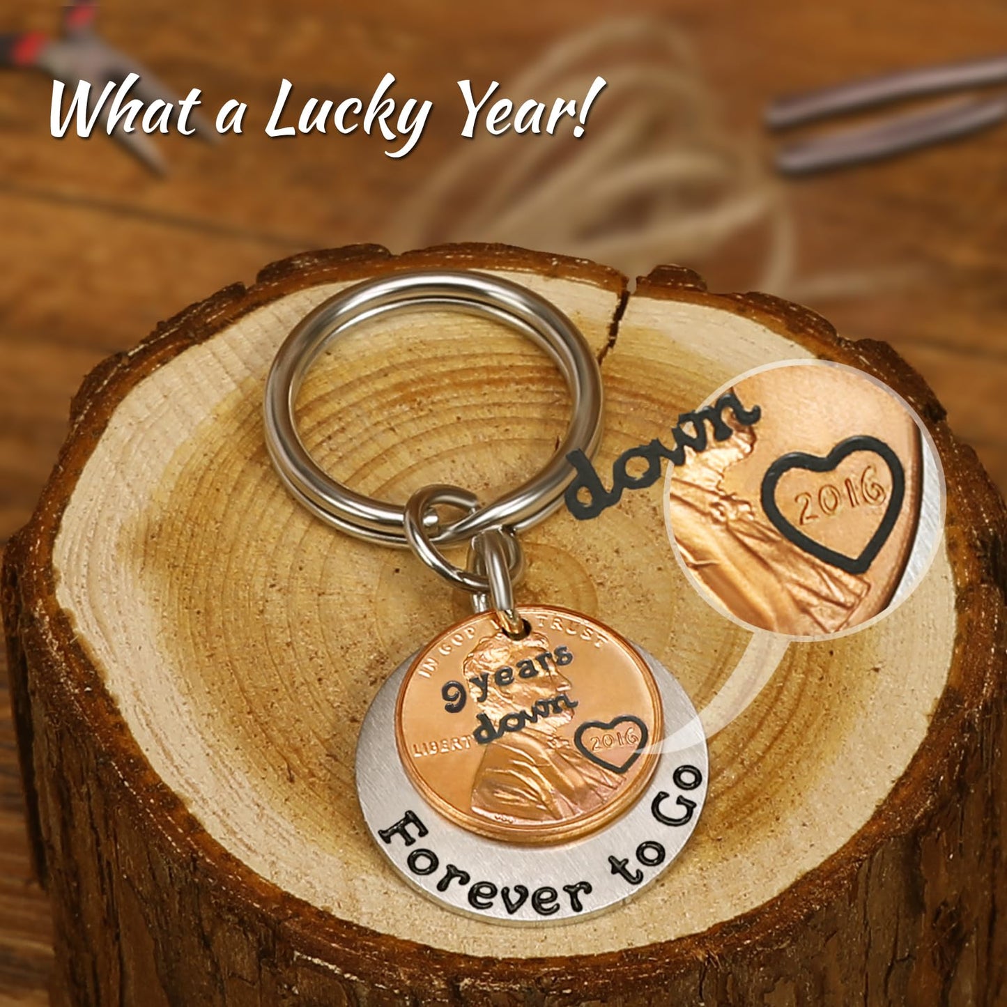 HRMYUDI 9 Years Anniversary Pottery Wedding Gift for Man Woman, Coin Keychain with a 2016 Penny, 9 Years Down and Forever To Go, Ninth Wood Wedding Anniversary Presents for Him Her
