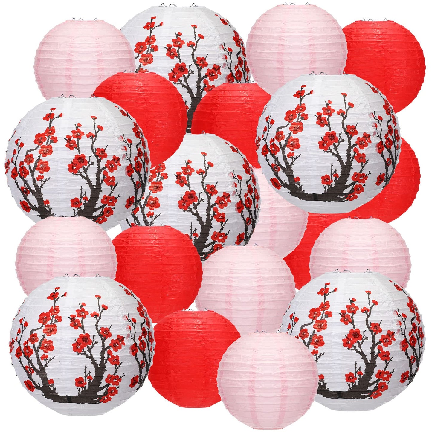 Mudder 20 Pieces Chinese Japanese Paper Lanterns Chinese New Year Decorations Includes Cherry Paper Lanterns for Hibachi Party Restaurant Wedding Decor(Red White and Pink,Modern Style)