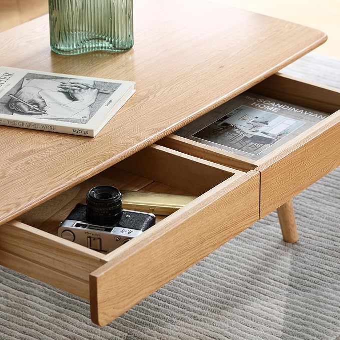 QKFF Solid Wood Coffee Table with Drawers - 100% North American FAS Grade Oak, Traditional Mortise and Tenon Craftsmanship, Low Table for Living Room & Home Office Eco-Friendly Finish