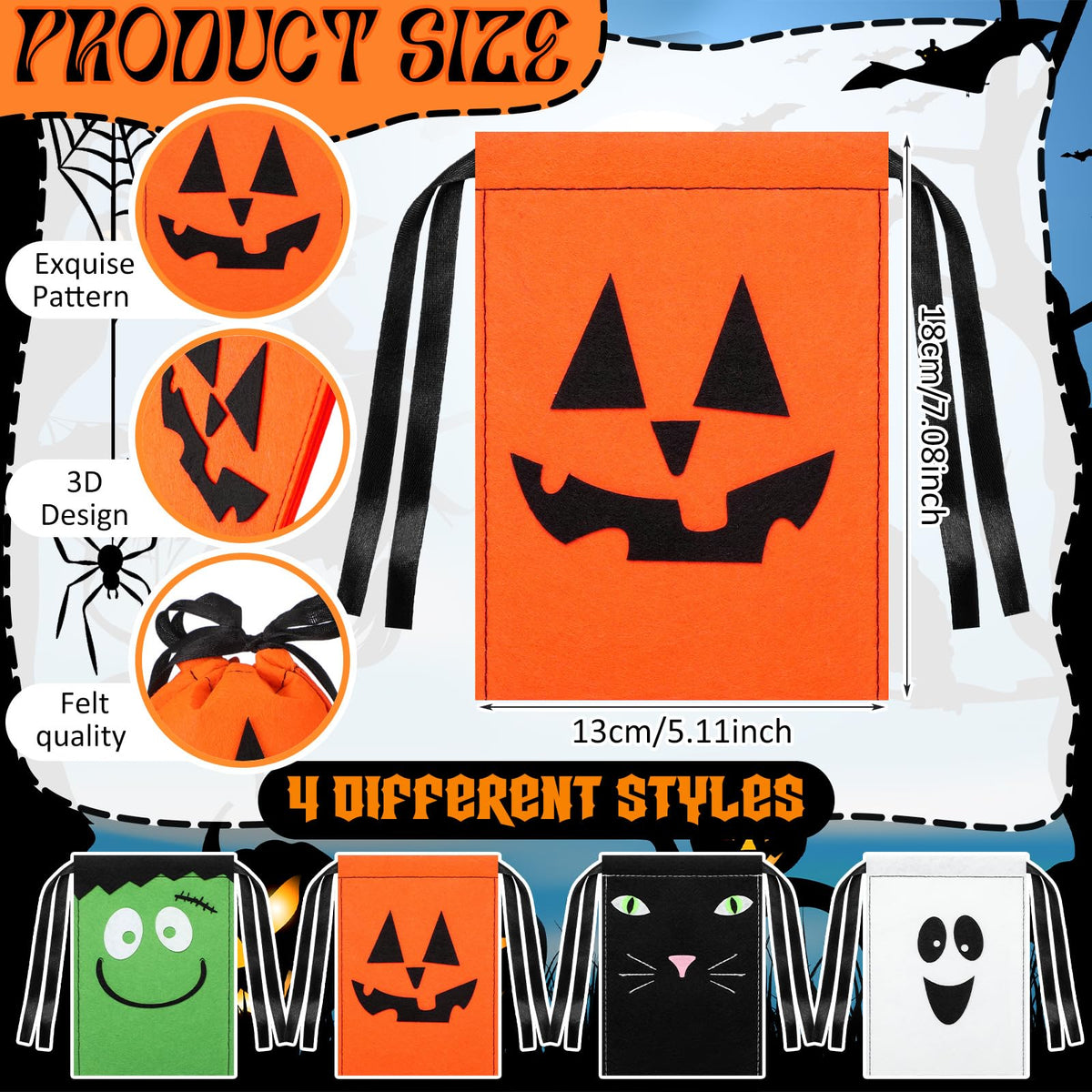 Sweetude 24 Pcs Halloween Felt Treat Bags 5 x 7'' Handmade Pumpkin Ghost Candy Goodie Gift Bags with Drawstrings Trick or Treat Halloween Party Favors Supplies