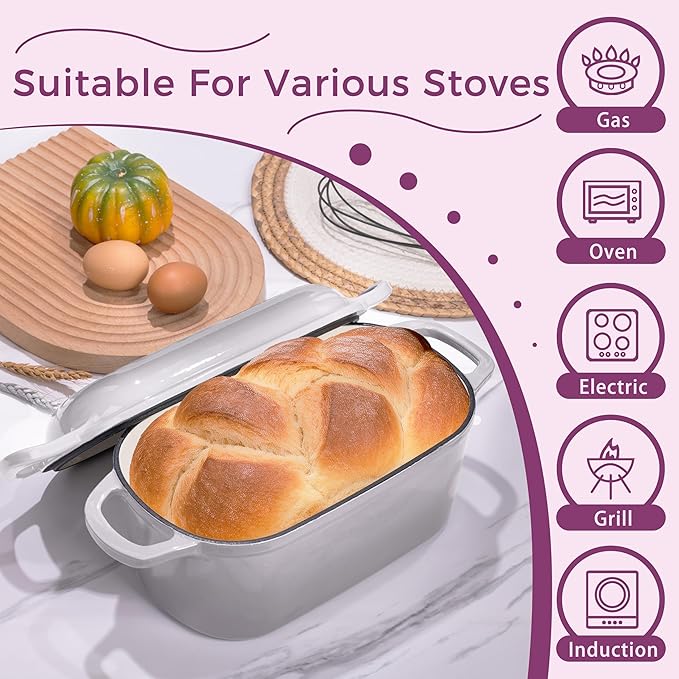 4.6-Quart Oval Dutch Oven for Bread Baking, 2 in 1 Enameled Cast Iron Bread Pan with Lid, Sourdough Bread Dutch Oven for a Crispy Crust, Oyster Grey