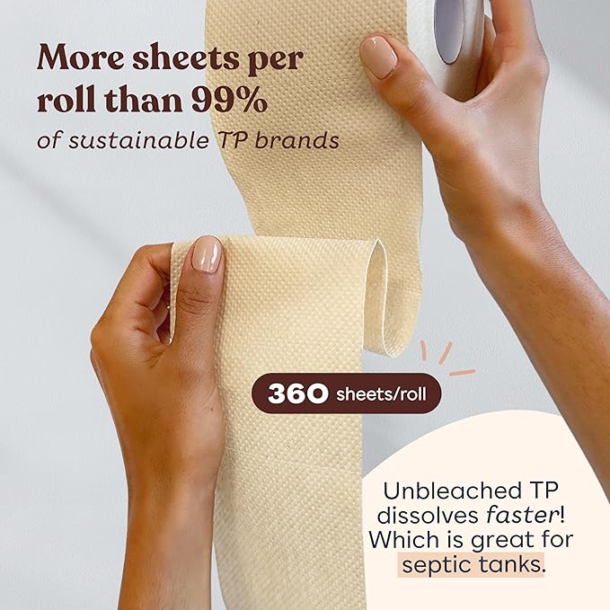 Betterway Unbleached Bamboo Toilet Paper Rolls - Eco-Friendly 3 Ply Toilet Tissue - 36 Long-Lasting Rolls - 360 Sheets/Roll - Organic, FSC Certified, Septic Safe TP - Lint-Free, PFAS-Free Bath Tissue