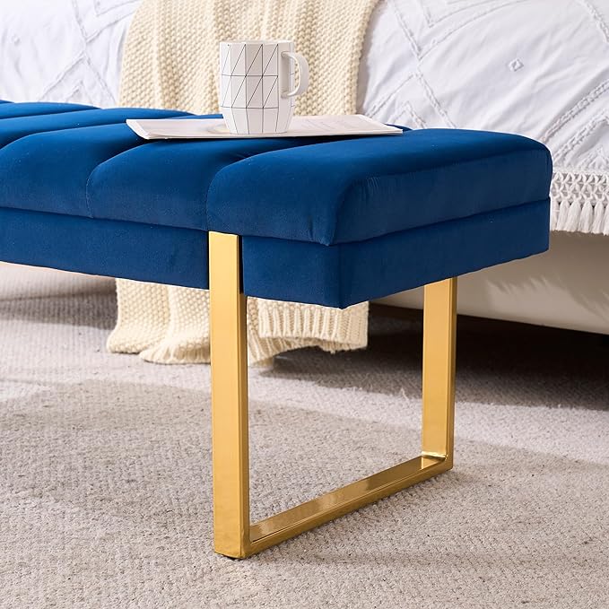 AIITTCC Velvet Ottoman Bedroom Bench, 46.5" Tufted Padded End of Bed Bench with Gold Legs, Upholstered Shoe Bench for Living Room Entryway Window (Navy Blue, 46" Wide)