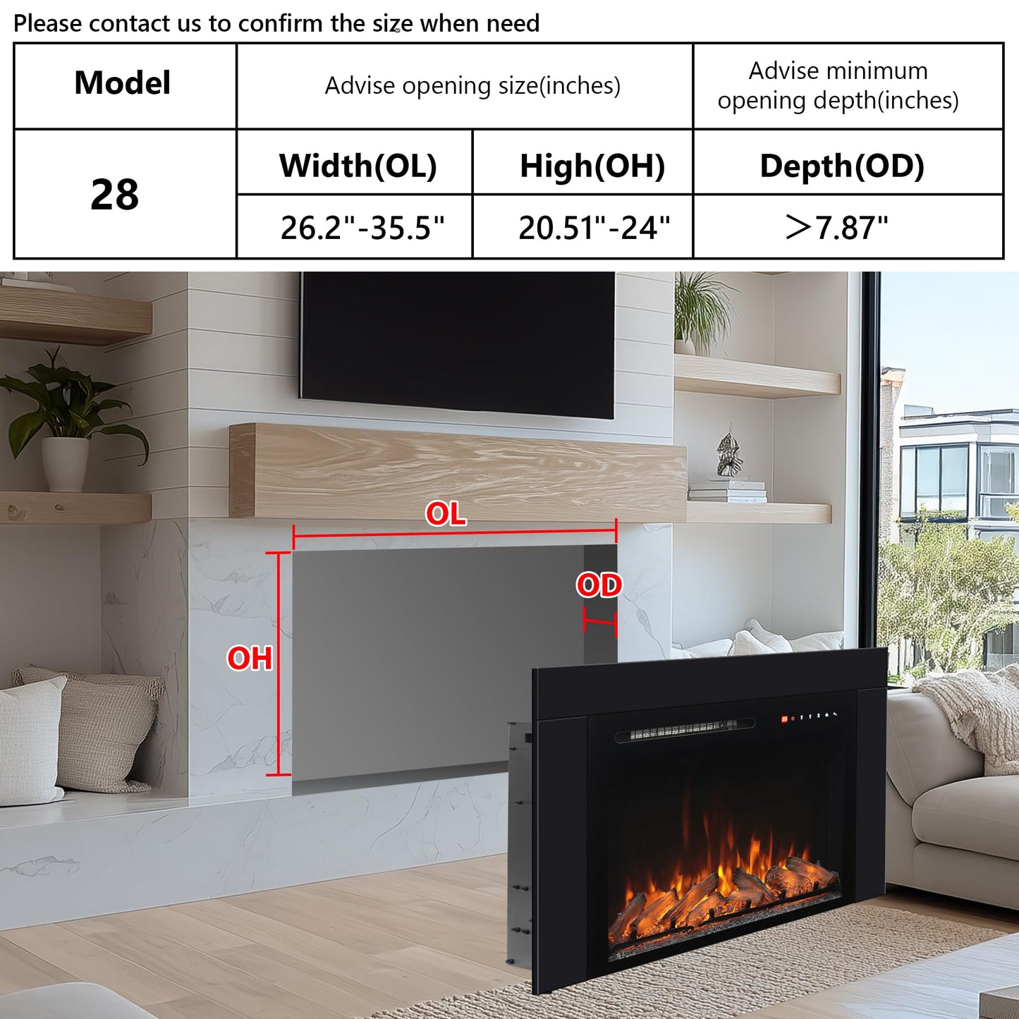 Oxhark Flame 28 Inches Electric Fireplace Insert with Trim Kit, Wall Mounted & Recessed Electric Fireplace Inserts with 8 Flame Colors, Remote Control, 6 Levels Brightness, 9H Timer, Black, 1500W/750W