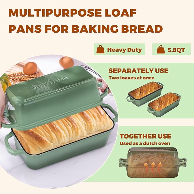 11x5 Inch Cast Iron Loaf Pan With Lid, 5.8 Qt Large Loaf Pans for Sourdough Bread Baking, Heavy Duty Dutch Oven Bread Pan For a Crispy Crust, Pistachio