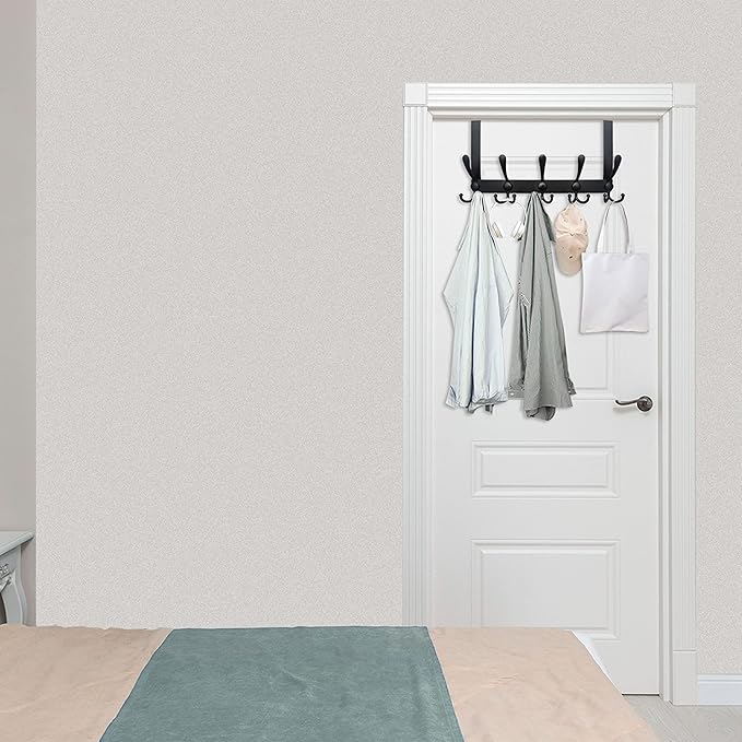 WEBI Over The Door Hook Door Hanger Hook Rack with 5 Tri Hooks for Hanging Coats, Door Towel Rack Door Coat Hanger Over Door Coat Rack for Behind Back of Bathroom,Black,2 Packs