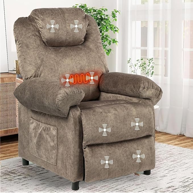 Pushback Massage Recliner Chair with Heat, Fabric Heated Small Massaging Reclining Chair Single Sofa for Adults, Overstuffed Push Back Manual Recliner for Living Room,Brown