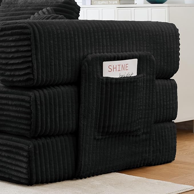 79.5" Folding Convertible Sofa Bed with Side Storage Pockets, 4-in-1 Corduroy Boneless Couch, No Assembly Loveseat Sleeper, Floor Sofa Daybed Futon Couch for Living Room Bedroom Lounge, Black Upgraded