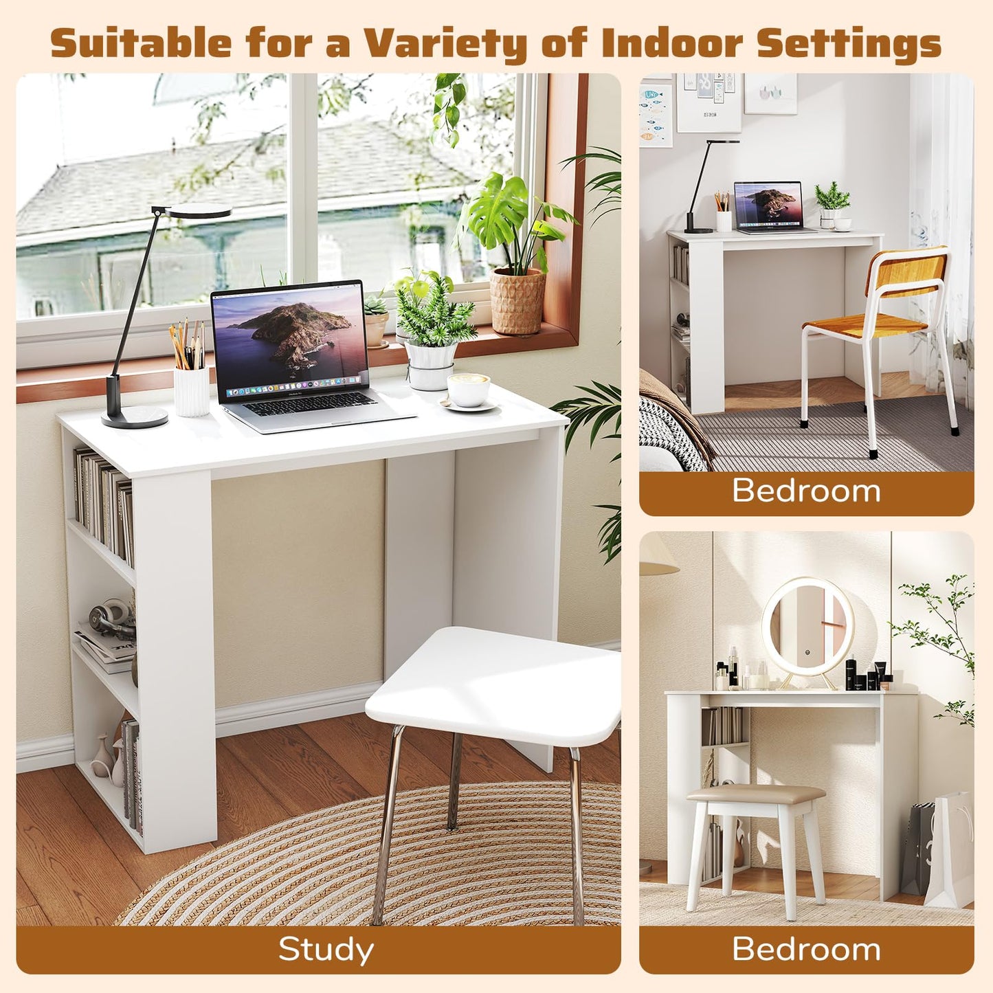 Giantex Small Computer Desk, 35.5 Inch Compact Home Office Desk with Storage Bookshelf, Vanity Table, Modern Laptop Computer Workstation, Student Teen Study Writing Desk for Small Spaces, White