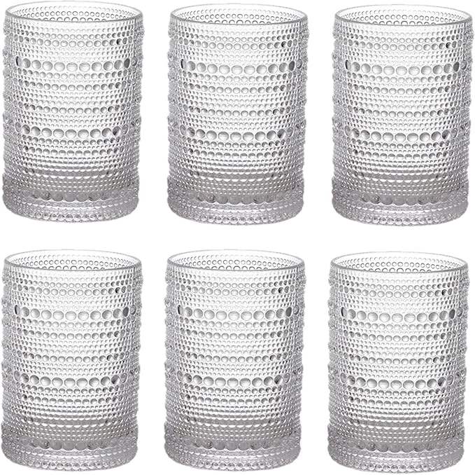 ZOOFOX Set of 6 Vintage Drinking Glasses, 13 oz Clear Hobnail Glasses Tumbler, Embossed Design Glassware for Beverages, Wa...