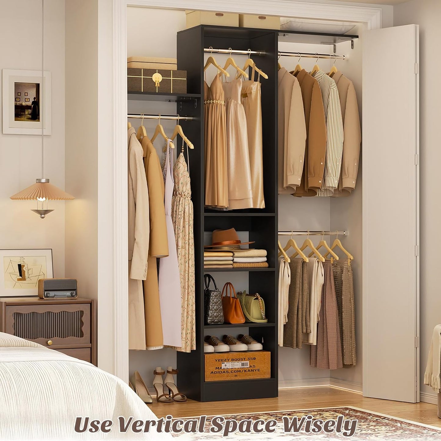 48" Small Closet Organizer, 4FT Small Closet System with 4 Closet Rods & 3 Shelves, 80"H Small Closet Organizers and Storage for Small Bedooms, Cloakrooms, Laundry Rooms, Black