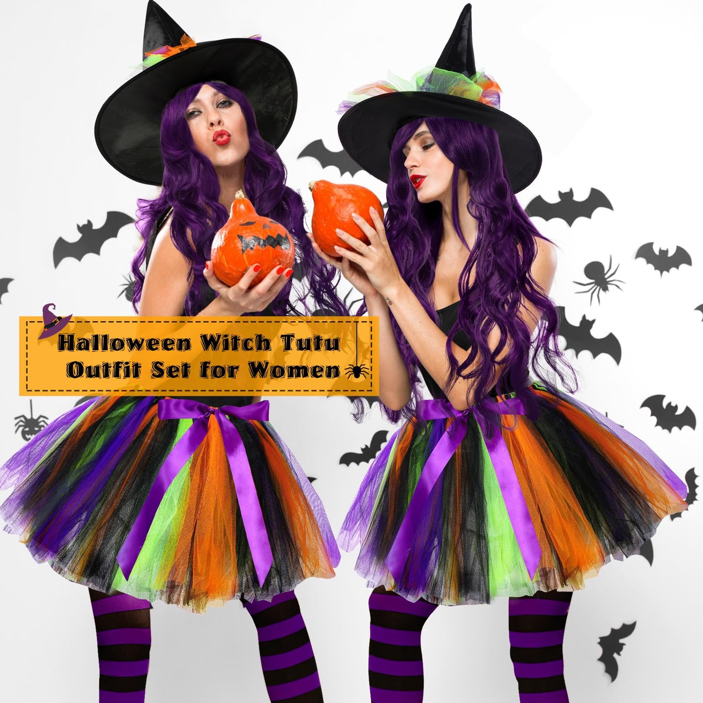 Kigeli 4 Pcs Halloween Witch Costume Set for Women Witch Tutu Outfit Skirt Hat Wig Striped Tights Cosplay (Green Purple)