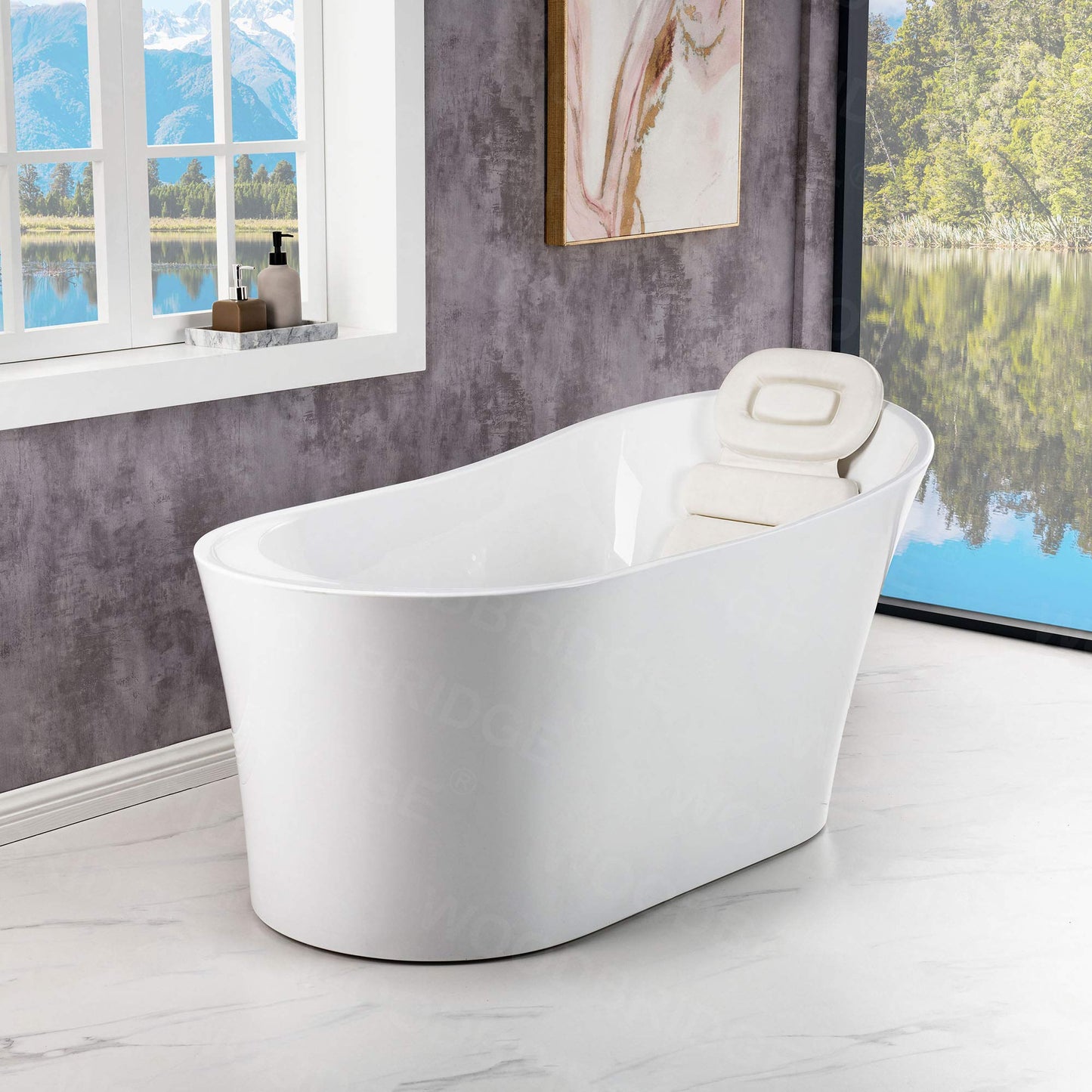 WOODBRIDGE 59" Acrylic Freestanding Bathtub Contemporary Soaking Tub with Matte Black Overflow and Drain B0083-MB-Drain &O,White