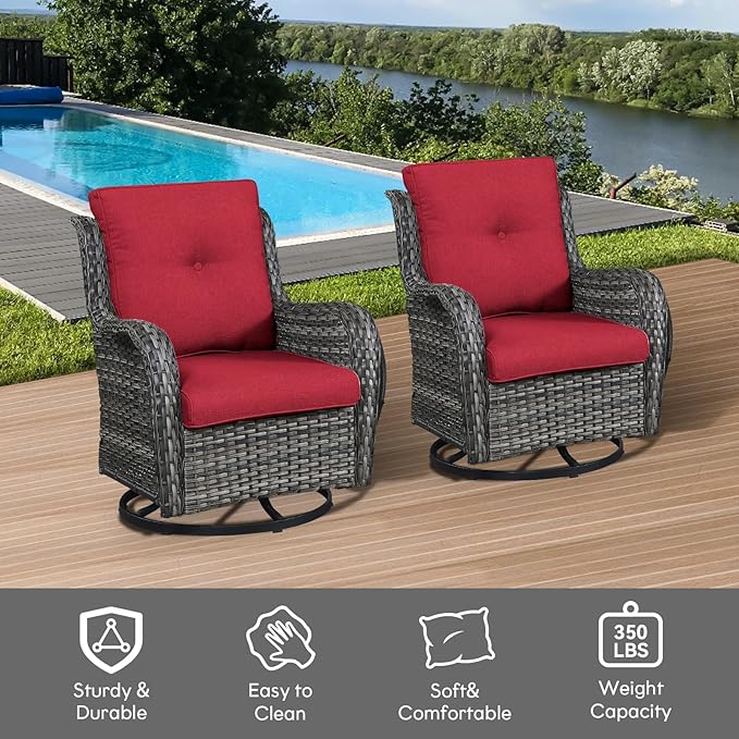 Belord Outdoor Swivel Rcoker Wicker Chairs - Swivel Patio Chairs Set of 2 Patio Furniture Sets with Covered Cushion for Porch Deck Balcony Backyard, Red
